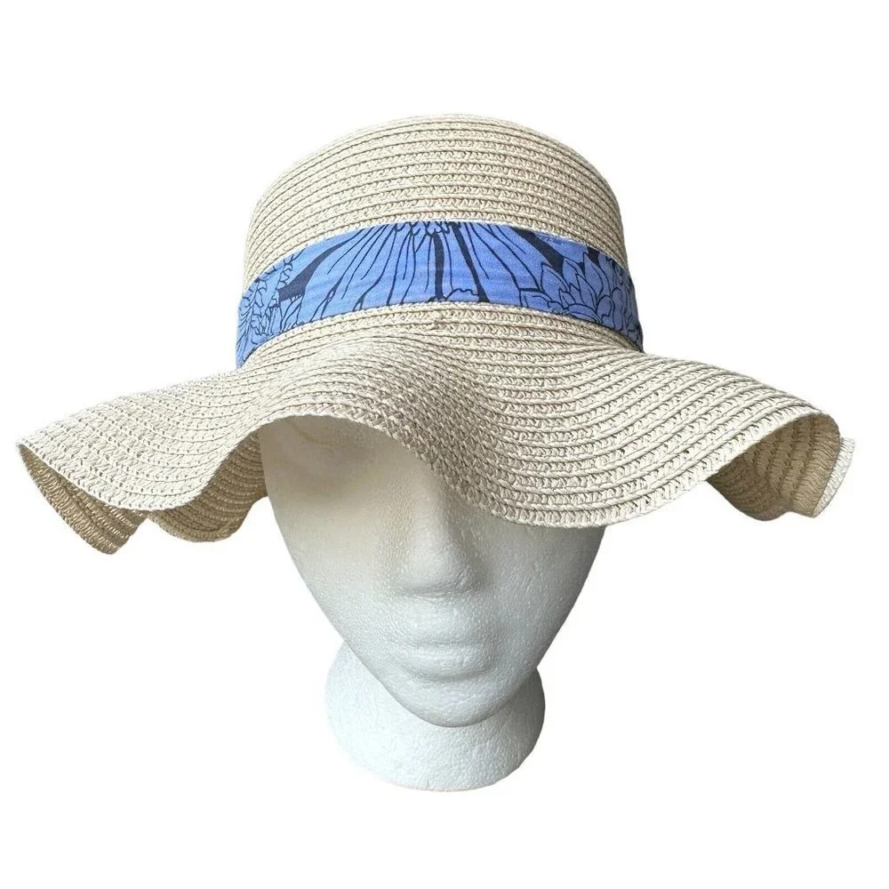 Straw Hat Wide Brim Sun Hat Beach Blue Ribbon‎ Hatband for Toddler Girls